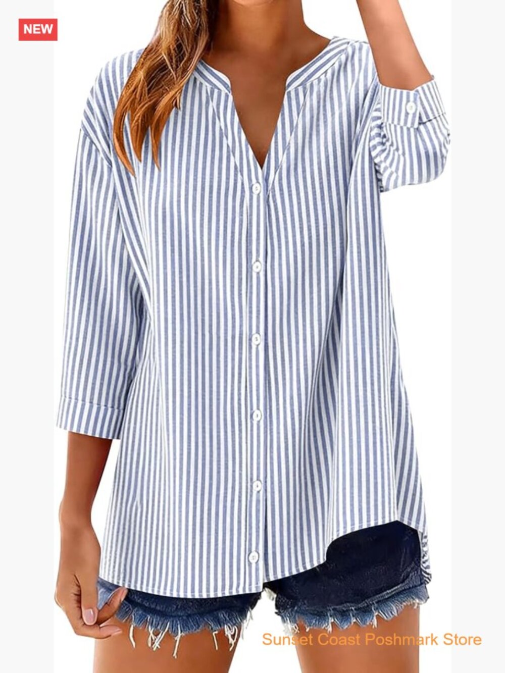 Cotton 3/4 Sleeve Button Down Shirt V Neck Casual Loose Blouse Gingham Plaid